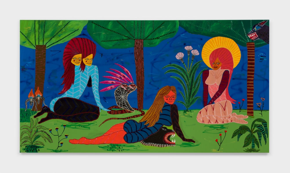 Oil, acrylic and spray paint painting of three reclining woman figures amongst nature and a snake by Jordan Kerwick