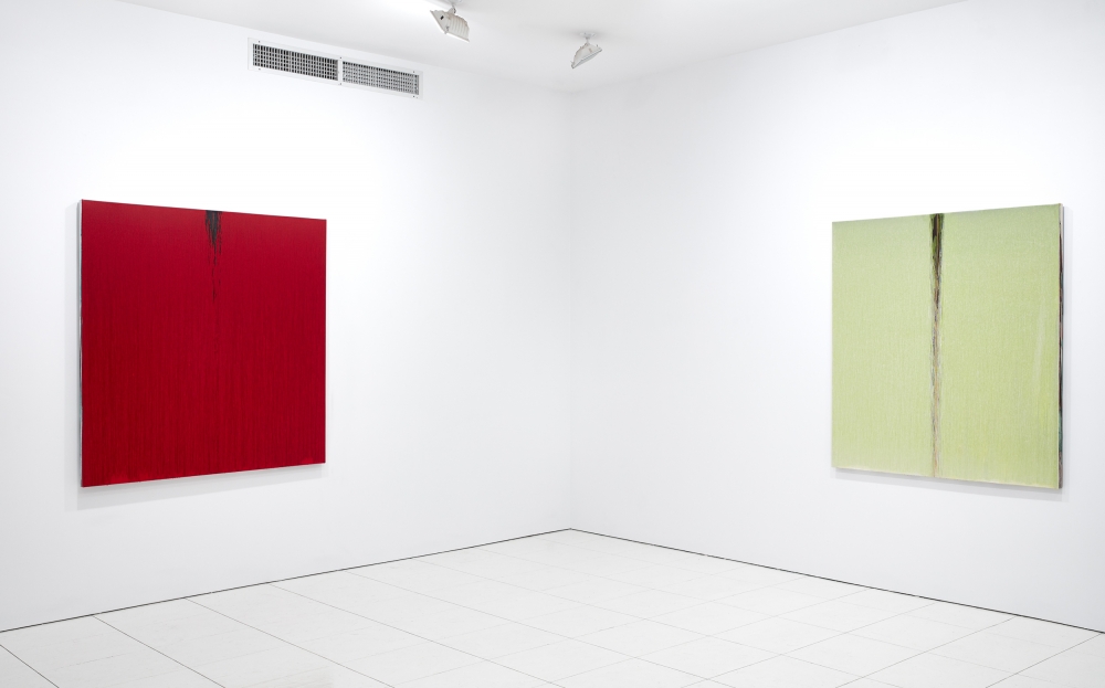 installation view of oil paintings by Pat Steir