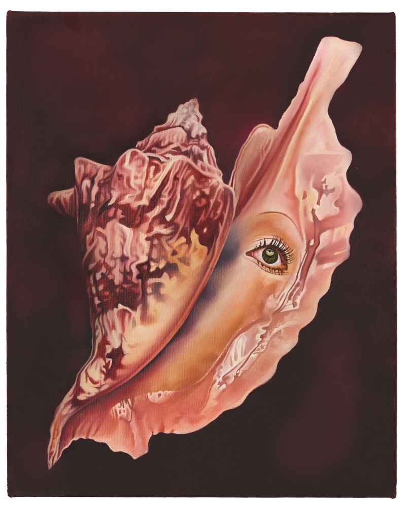 Oil on canvas painting of an eye on a pearlescent sea shell by Ariana Papademetropoulos