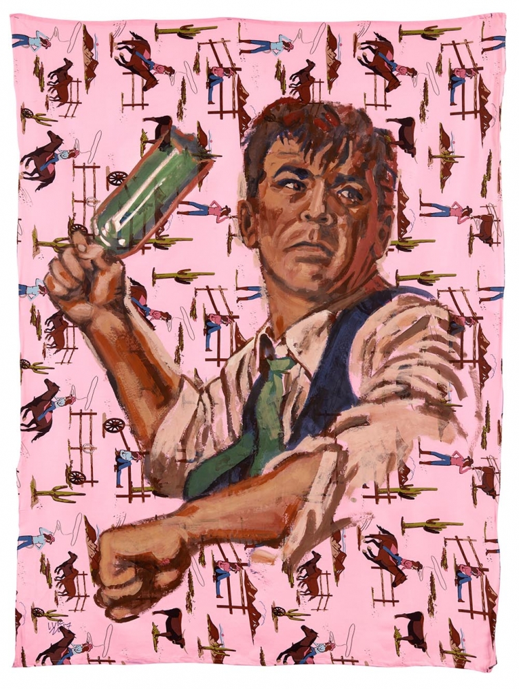 Acrylic on bedsheet painting of a man angrily holding a glass bottle as if to throw it by Walter Robinson