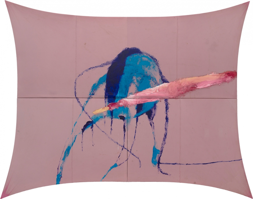 Oil painting on found fabric titled The Sad Lament of the Brave by Julian Schnabel