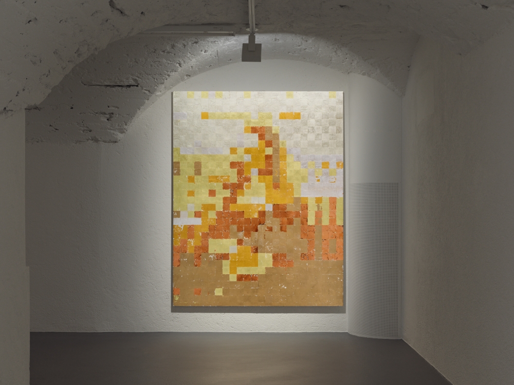 Gold leaf on canvas reimagining of the Mona Lisa by Gus Van Sant