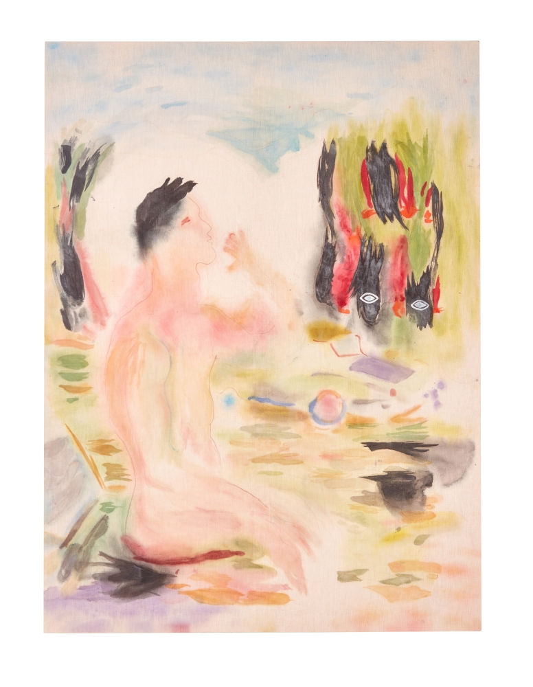 Watercolor on linen painting of  young nude man kneeling amongst the hazy atmosphere of Los Angeles by Gus Van Sant