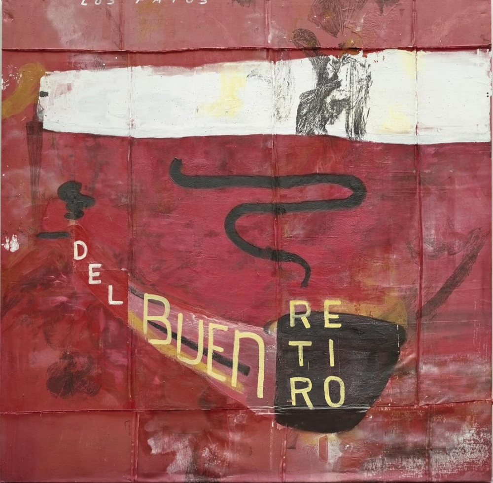 Oil and gesso painting on red velvet from 1990 by artist Julian Schnabel