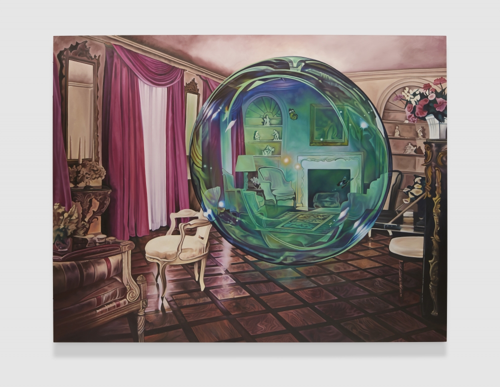 Oil on canvas painting of a living room with an iridescent soap bubble floating by Ariana Papademetropoulos