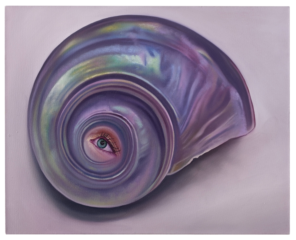 Oil on canvas painting of an eye in the middle of a pearlescent seashell by Ariana Papademetropoulos