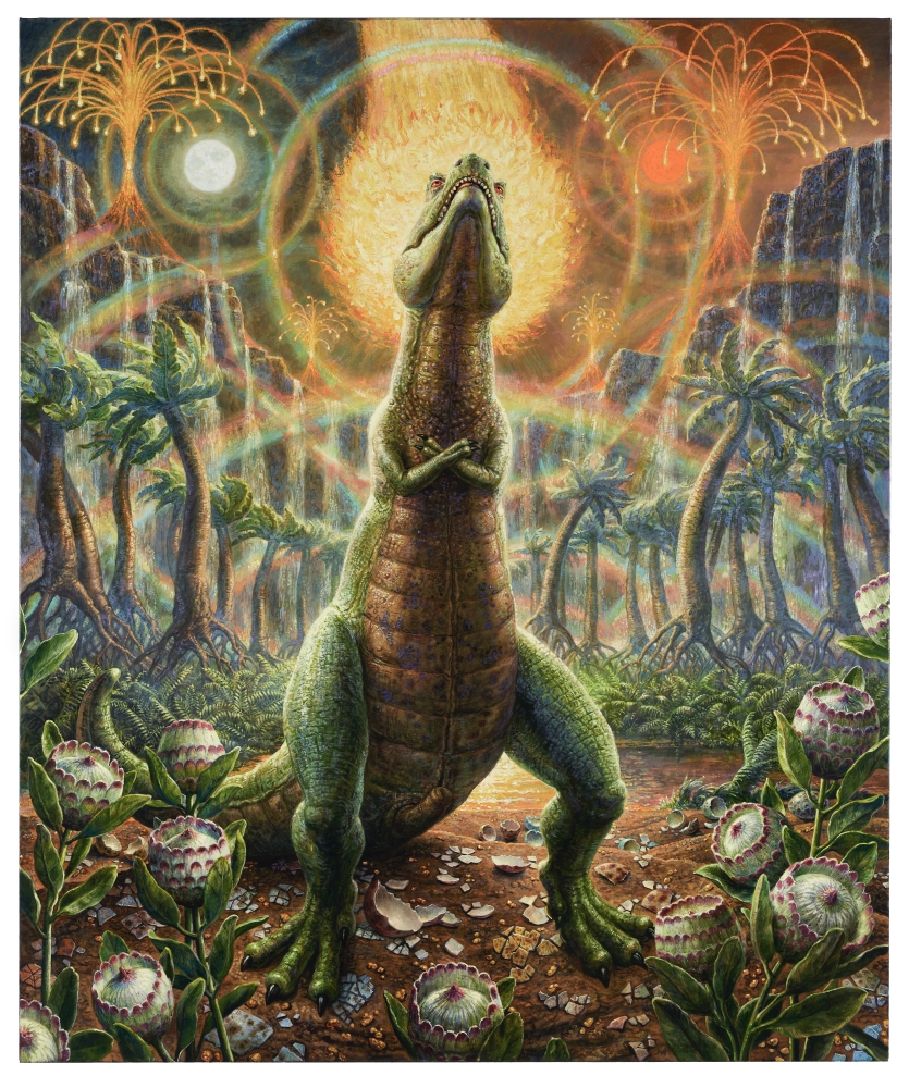 Acrylic painting by artist Thomas Woodruff of a Dinosaur with apocalyptic background