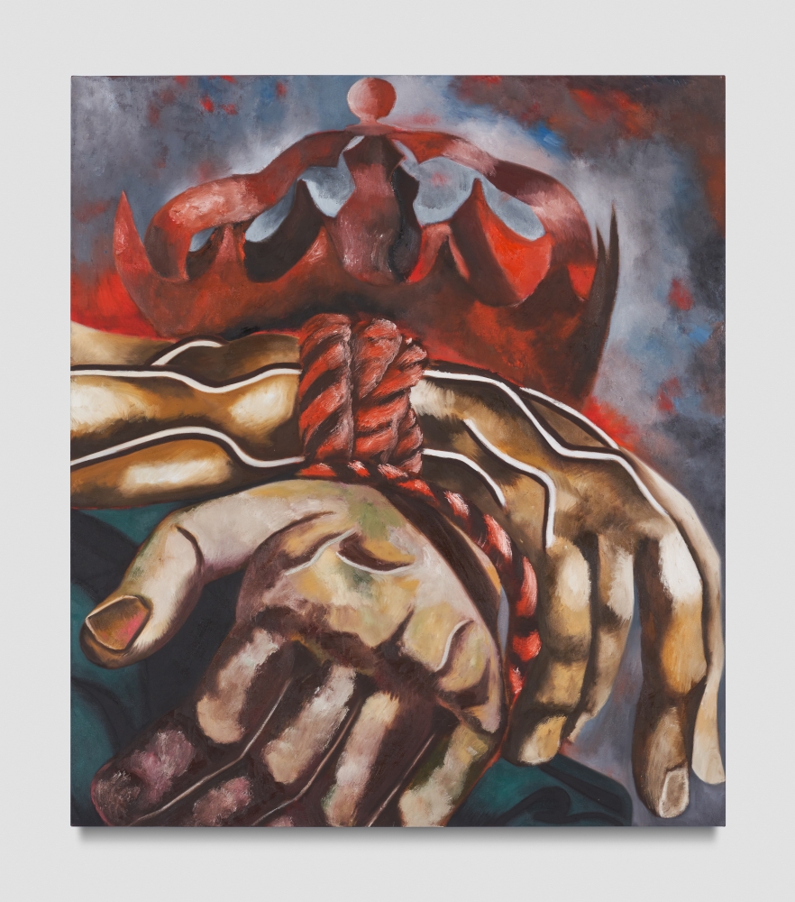 Oil on canvas painting of hands tied together with a red rope and red crown placed on top by Francesco Clemente