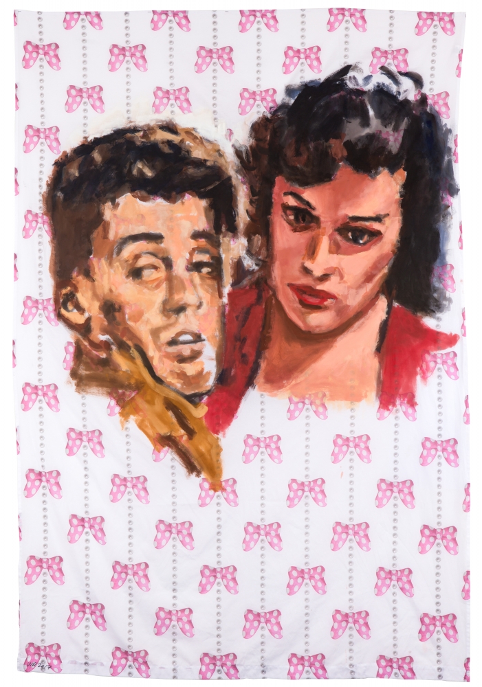 Acrylic on bedsheet painting of two pulp romance characters by Walter Robinson