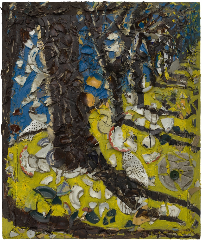 Plate painting of trees by Julian Schnabel