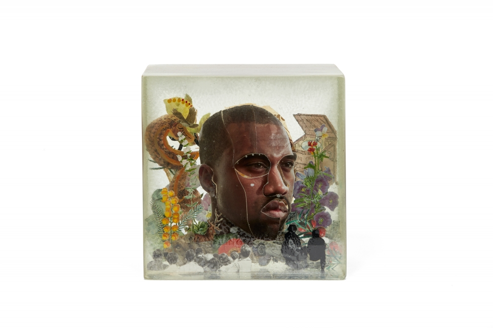 Mixed media collage of Kanye West by Dustin Yellin