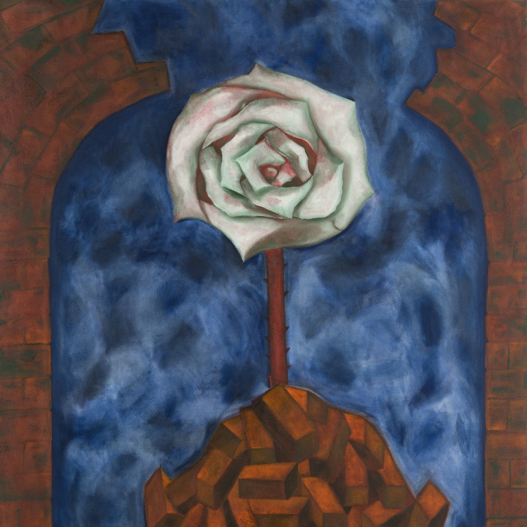 A painting of a white rose on top of a pile of bricks 