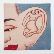 A tapestry painting of a large face. A womanly figure is laying inside the face's ear.