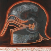 A painting of a 6th century Trojan helmet paired with a fragment from Homer's The Iliad by Francesco Clemente