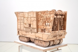 Sandcrawler, 2016-2018 Pyrography on plywood, steel hardware, and mixed media