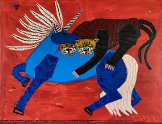 A painting of an apex predator with two tigers, and a red background