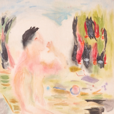 Watercolor on linen painting of  young nude man kneeling amongst the hazy atmosphere of Los Angeles by Gus Van Sant
