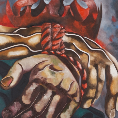 Oil on canvas painting of hands tied together with a red rope and red crown placed on top by Francesco Clemente