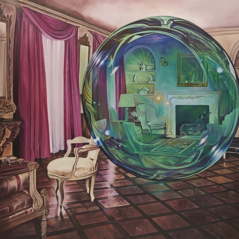 Oil on canvas painting of a living room with an iridescent soap bubble floating by Ariana Papademetropoulos