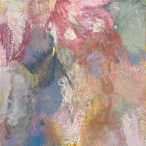 Abstract painting using washes of pink, blue, yellow, and pale green