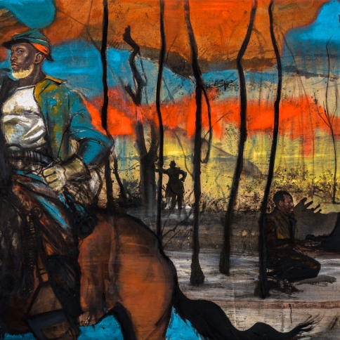 Chaz Guest’s “The Planning” (2021), in oil and Japanese Sumi ink on linen, is part of his series depicting the all-Black U.S. Army regiments known as the Buffalo Soldiers, which served on the frontier after the Civil War.