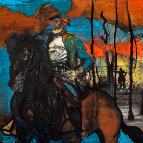oil and inkon linen painting of warrior on horse by Chaz Guest 