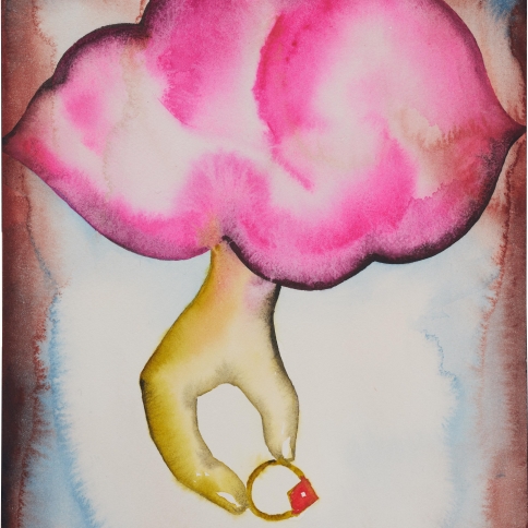 Watercolor on paper painting of a hand hold a ring emerging from a pink cloud by Francesco Clemente