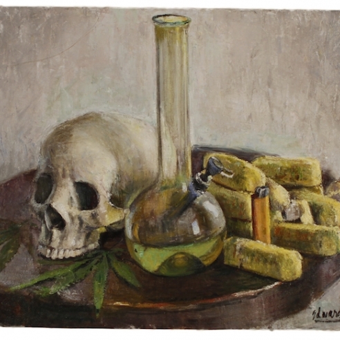 Oil on canvas painting of a bong, Twinkies and a skull by Jesse Edwards