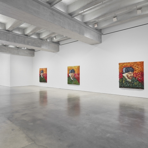 Installation view of plate paintings by Julian Schnabel at the Brant Foundation