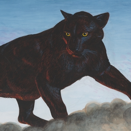 Mixed media painting on paper of a black panther atop smoke in the Swiss Alps by Walton Ford