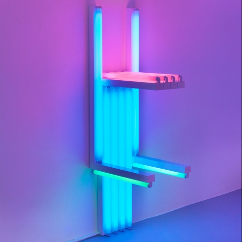 Fluorescent light sculpture in blue, pink and green by Dan Flavin
