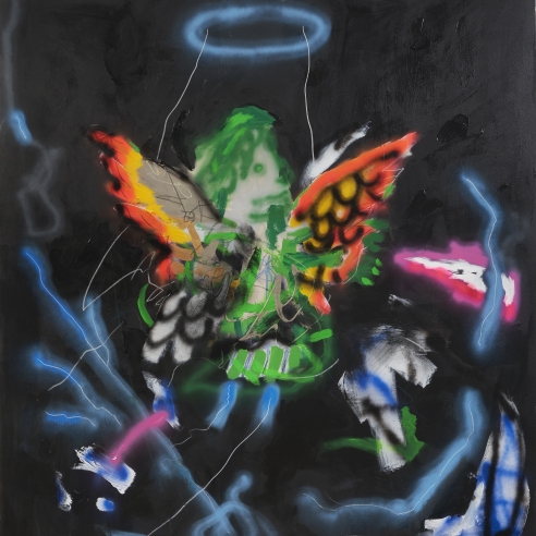 Acrylic, grease pencil and crayon on canvas painting by Robert Nava titled Night Storm Angel, 2021