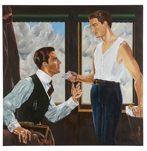Oil on canvas painting of two men in a train car by McDermott & McGough