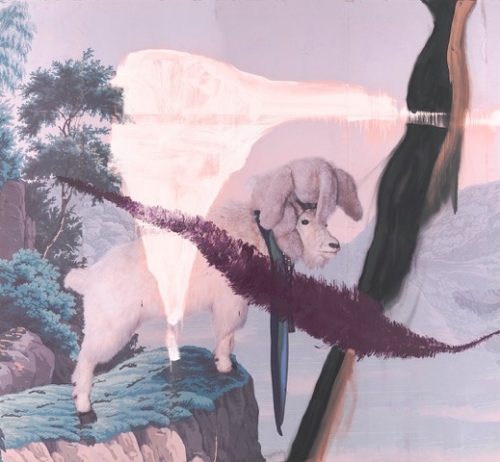 Large format inkjet and oil on polyester painting of a goat looking off a cliff by Julian Schnabel