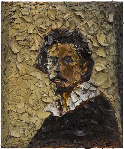 Oil painting on plates on wood by Julian Schnabel titled Number 1 (Self Portrait of Caravaggio, Oscar Isaac)