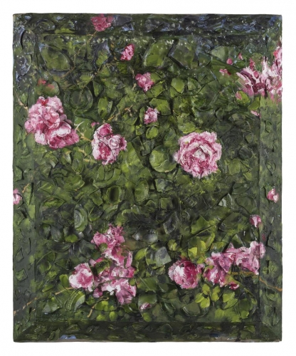 Oil painting on plates on wood by Julian Schnabel titled Rose Painting (Near Van Gogh’s Grave) III, 2015