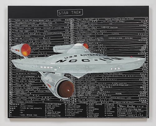 Painting of a spaceship atop data by Tom Sachs