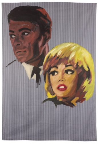 Acrylic on bedsheet painting of two pulp romance characters looking off into the distance by Walter Robinson